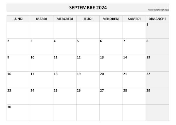 Calendrier Septembre 2024 à imprimer.