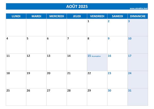 Calendrier Août 2025 à imprimer avec jours fériés.