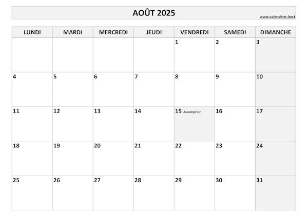 Calendrier Août 2025 à imprimer avec jours fériés.