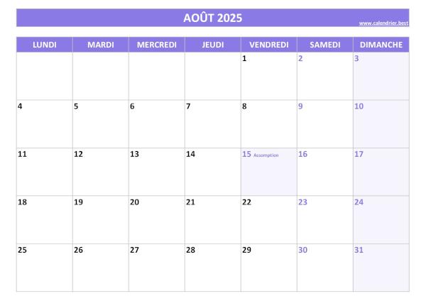 Calendrier du mois d'Août 2025 avec jours fériés à imprimer.