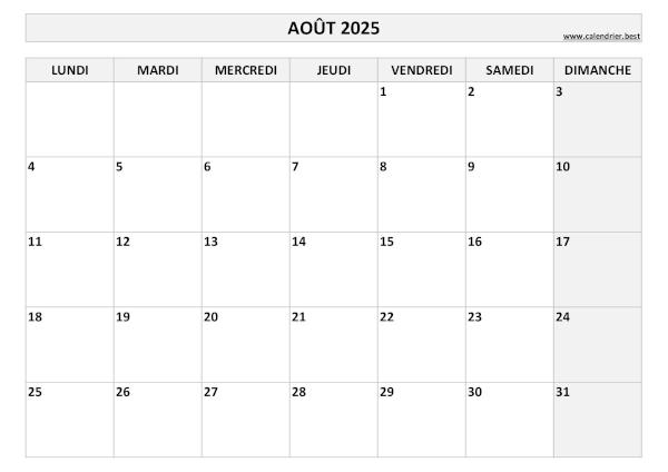 Calendrier mensuel vierge à imprimer, mois d'Août 2025, thème noir et blanc. Calendrier Août 2025 à imprimer.