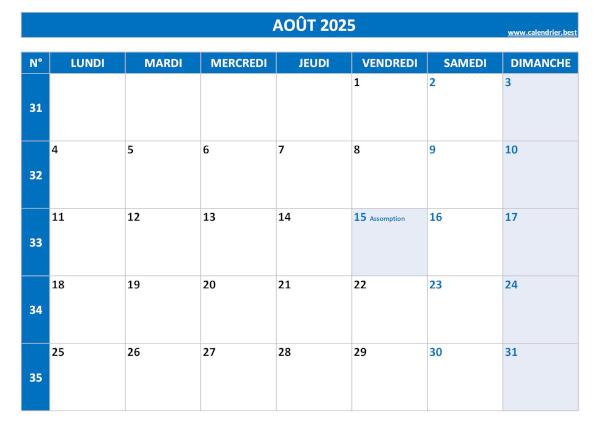 Calendrier août 2025 à imprimer.