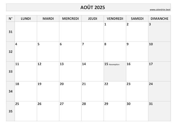 Calendrier Août 2025 avec semaines.