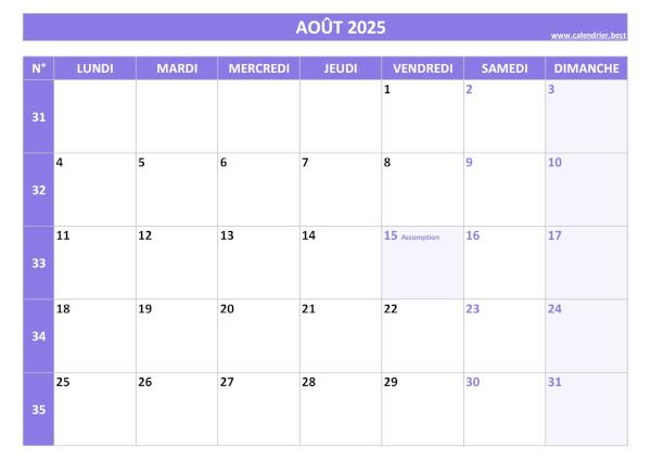 Calendrier du mois d'Août 2025 avec semaines à imprimer.