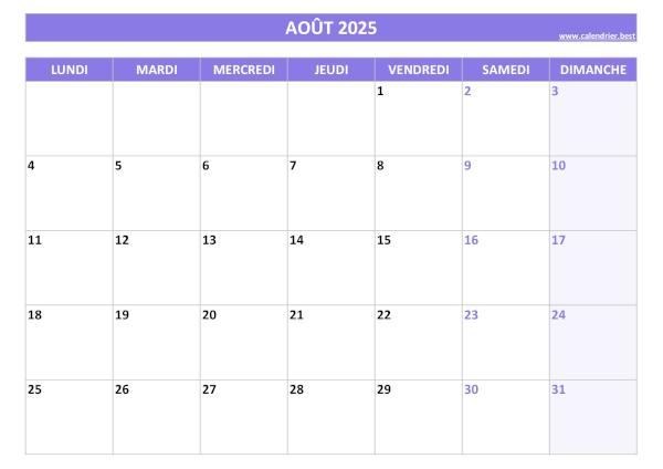 Calendrier du mois d'Août 2025 à imprimer.