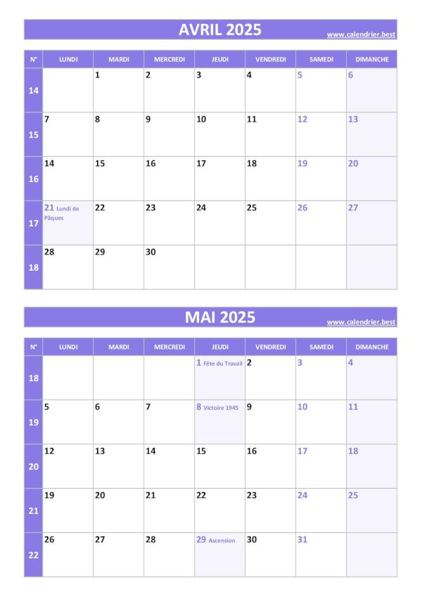 Calendrier des mois d'avril et mai 2025 à imprimer sur une page au format portrait, template violet. Calendrier avril mai 2025, portrait, violet.