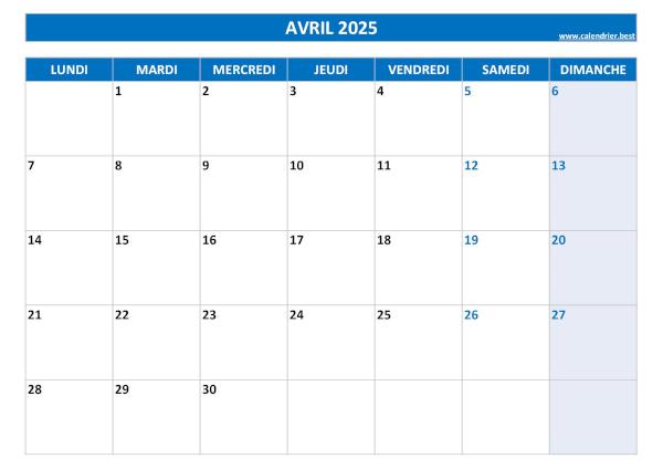 Calendrier mensuel vierge à imprimer, mois d'avril 2025, thème bleu. Calendrier avril 2025 vierge à imprimer.