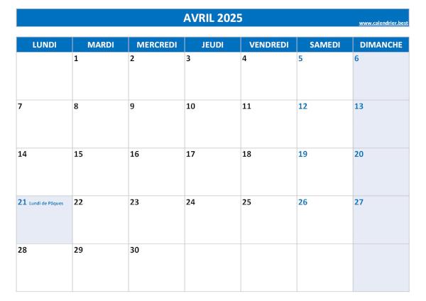 Calendrier Avril 2025 à imprimer avec jours fériés.