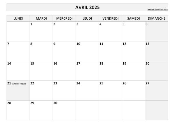 Calendrier Avril 2025 à imprimer avec jours fériés.