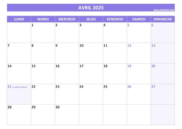 Calendrier du mois d'avril 2025 avec jours fériés à imprimer.