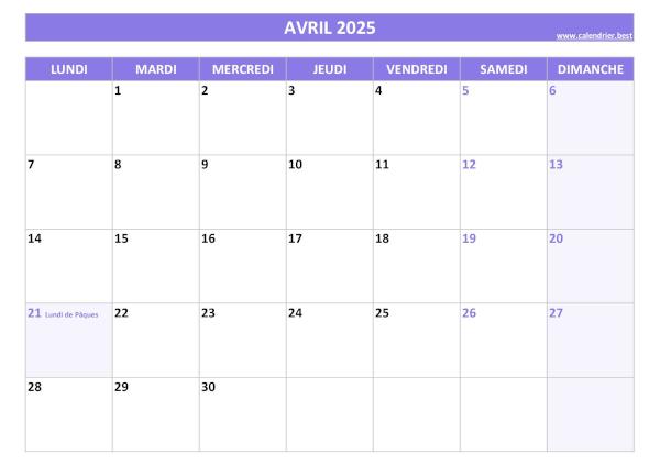 Calendrier Avril 2025 à imprimer avec jours fériés.