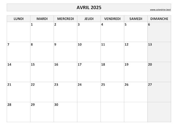 Calendrier Avril 2025 à imprimer.