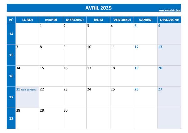 Calendrier du mois d'avril 2025 avec semaines à imprimer.