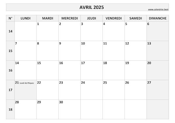 Calendrier Avril 2025 avec semaines.