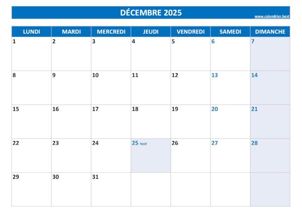 Calendrier Décembre 2025 à imprimer avec jours fériés.
