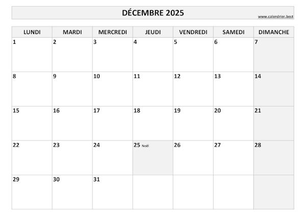 Calendrier Décembre 2025 à imprimer avec jours fériés.