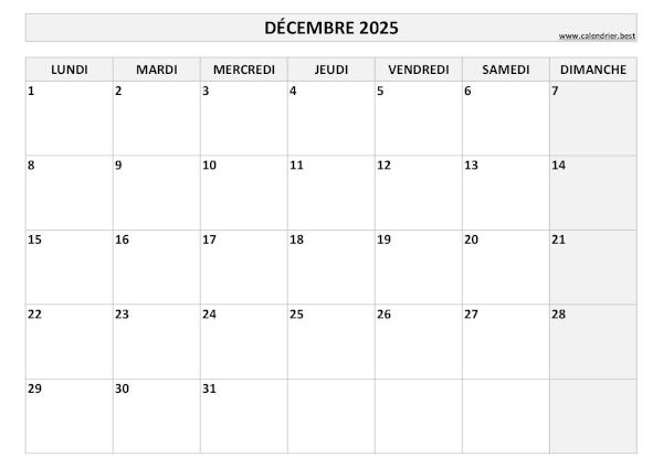 Calendrier du mois de décembre 2025 à imprimer.