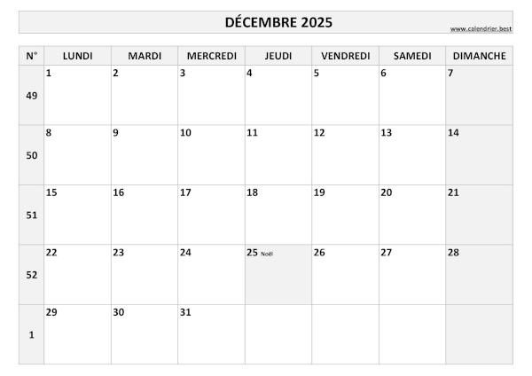 Calendrier du mois de décembre 2025 avec semaines à imprimer.