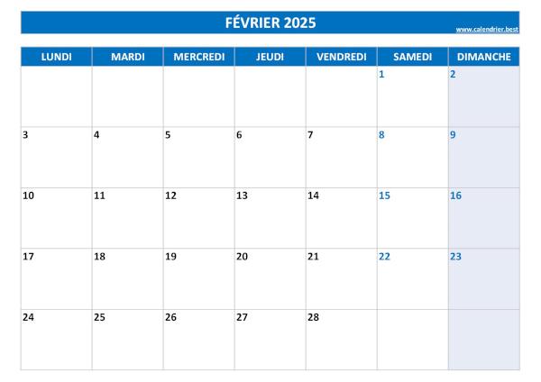 Calendrier février 2025 à imprimer.