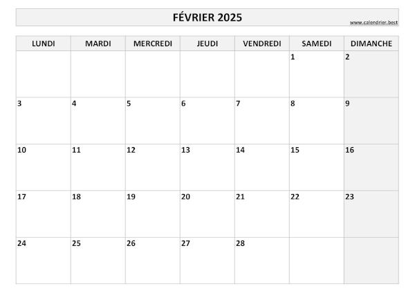 Calendrier février 2025 à imprimer.