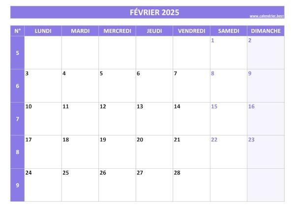 Calendrier du mois de février 2025 avec semaines à imprimer.