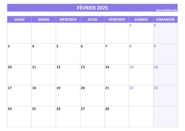 Calendrier du mois de février 2025 à imprimer.