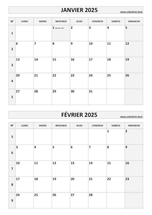 Calendrier des mois de janvier et février 2025 à imprimer sur une page au format portrait, template gris. Calendrier janvier février 2025, portrait, gris.