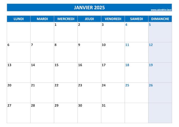 Calendrier janvier 2025 à imprimer.