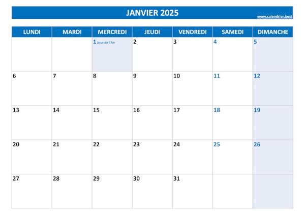 Calendrier du mois de janvier 2025 avec jours fériés à imprimer.