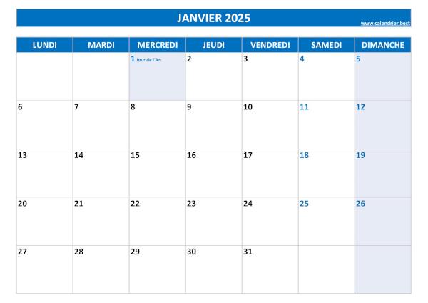 Calendrier mensuel avec jours fériés à imprimer, mois de janvier 2025, thème bleu. Calendrier du mois de janvier 2025 avec jours fériés à imprimer.