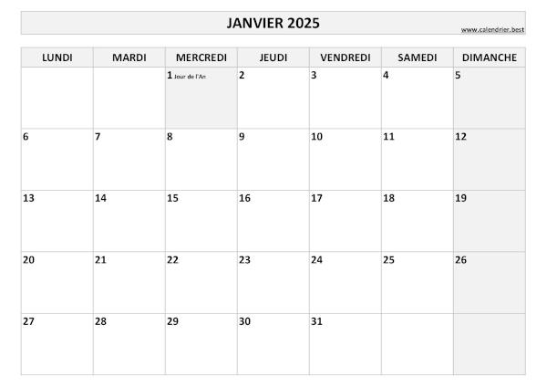 Calendrier janvier 2025 à imprimer avec jours fériés.