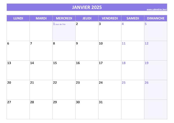 Calendrier janvier 2025 à imprimer avec jours fériés.
