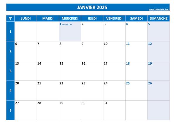 Calendrier janvier 2025 avec semaines.