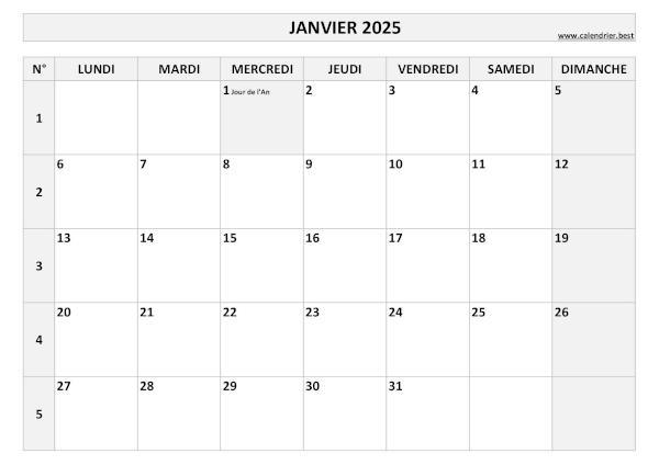 Calendrier janvier 2025 avec semaines.
