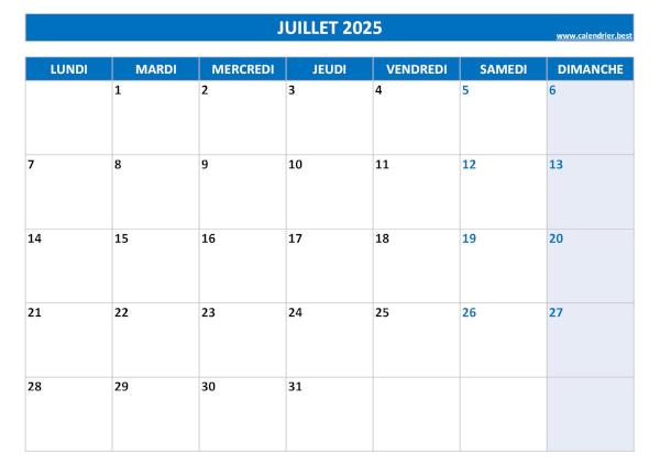 Calendrier du mois de juillet 2025 à imprimer.