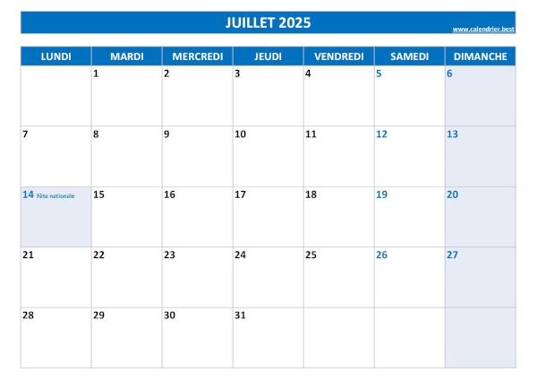 Calendrier du mois de juillet 2025 avec jours fériés à imprimer.