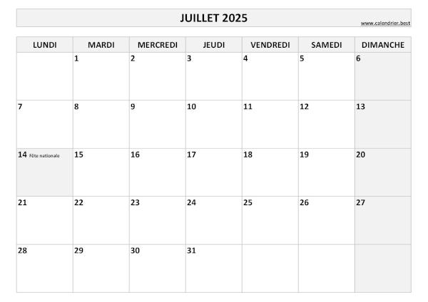 Calendrier Juillet 2025 à imprimer avec jours fériés.
