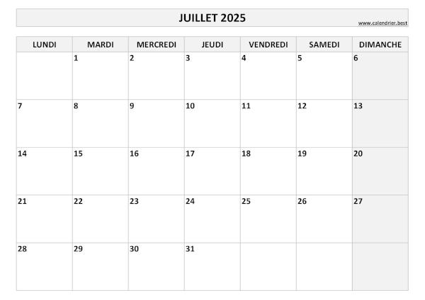 Calendrier Juillet 2025 à imprimer.