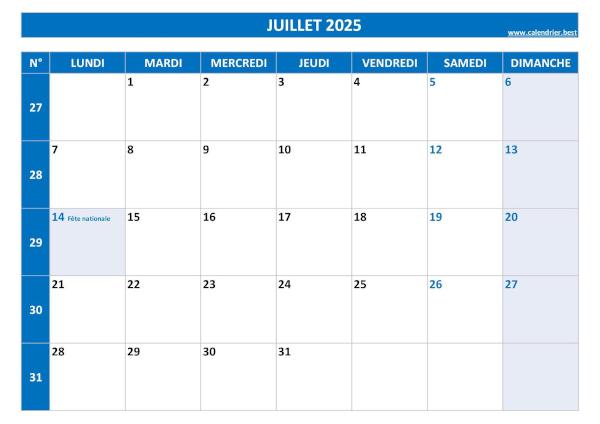 Calendrier juillet 2025 avec semaines.