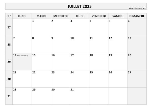 Calendrier Juillet 2025 avec semaines.