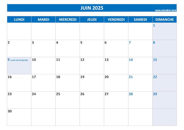 Calendrier Juin 2025 à imprimer avec jours fériés.