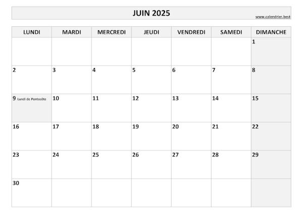 Calendrier Juin 2025 à imprimer avec jours fériés.