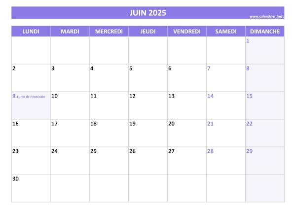 Calendrier Juin 2025 à imprimer avec jours fériés.