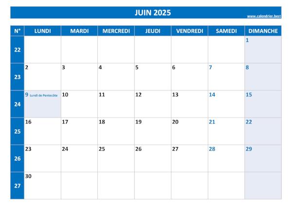 Calendrier juin 2025 à imprimer.