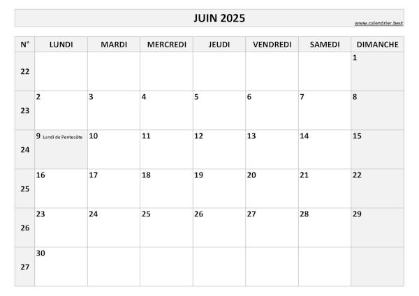 Calendrier Juin 2025 avec semaines.