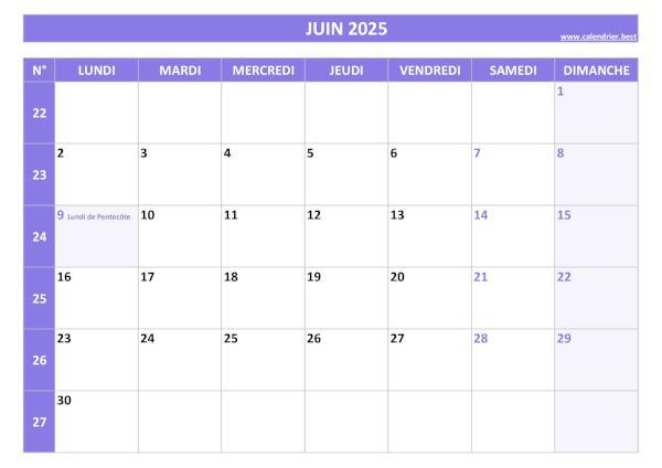 Calendrier Juin 2025 avec semaines.