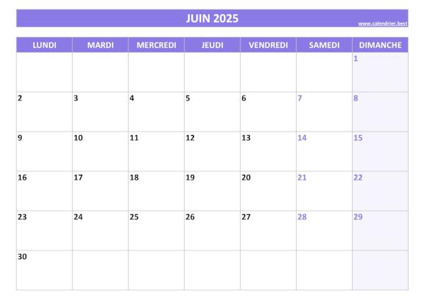 Calendrier Juin 2025 à imprimer.