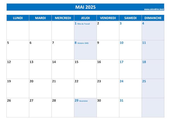 Calendrier Mai 2025 à imprimer avec jours fériés.