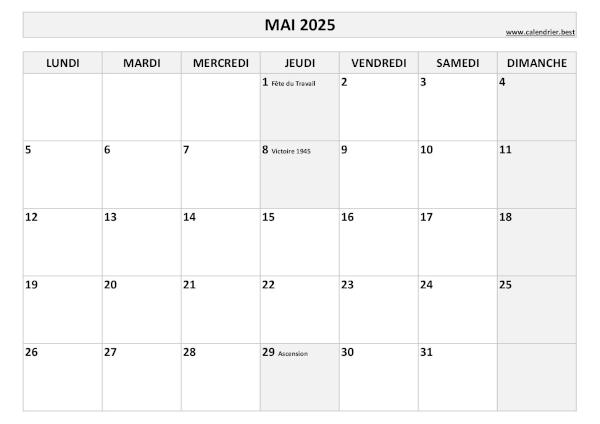 Calendrier du mois de mai 2025 avec jours fériés à imprimer.