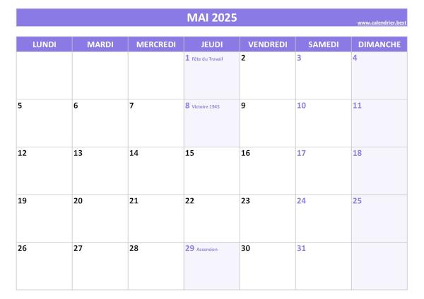 Calendrier Mai 2025 à imprimer avec jours fériés.